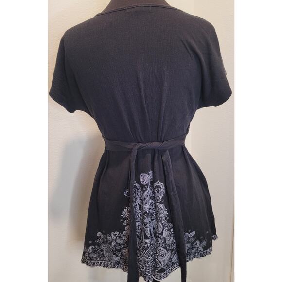 Boho V-Neck Empire Waist Blouse Black White Paisley Free People Style M - Picture 2 of 10